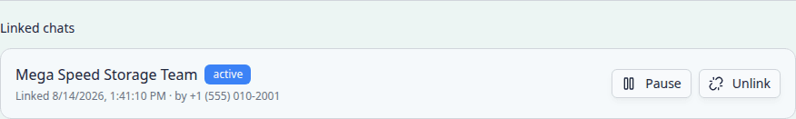 AI Agent settings Linked group chats section showing active group status with Pause and Unlink buttons