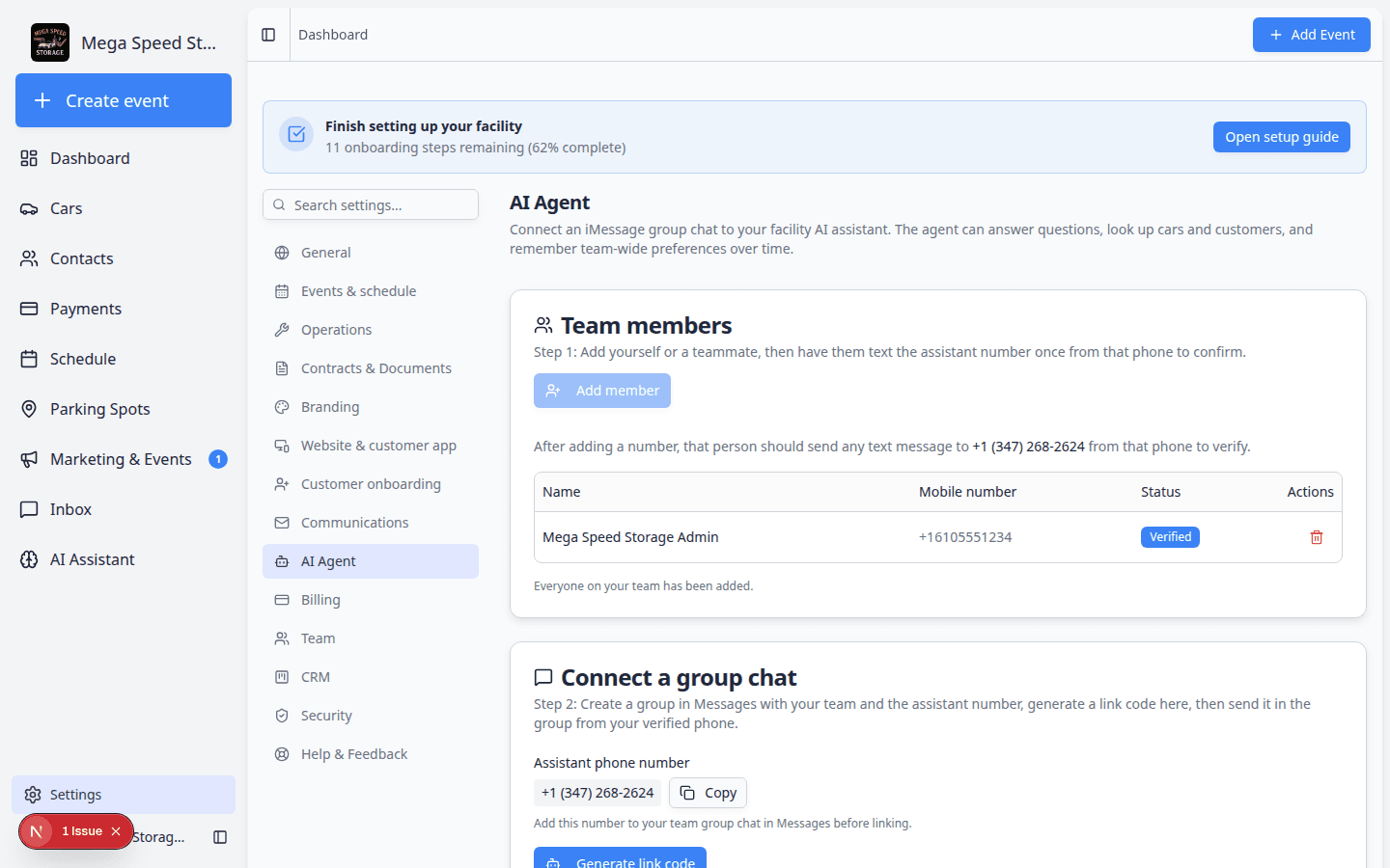 Settings AI Agent page showing Team members, Connect a group chat, Linked group chats, and Team memory sections