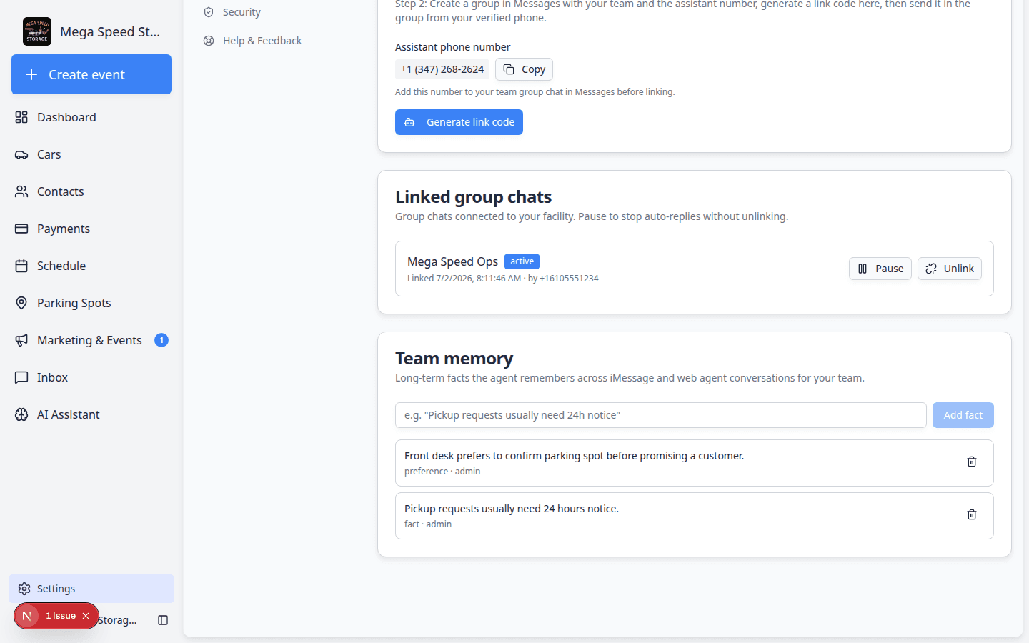 Team memory section on AI Agent settings showing saved facts and an Add fact field