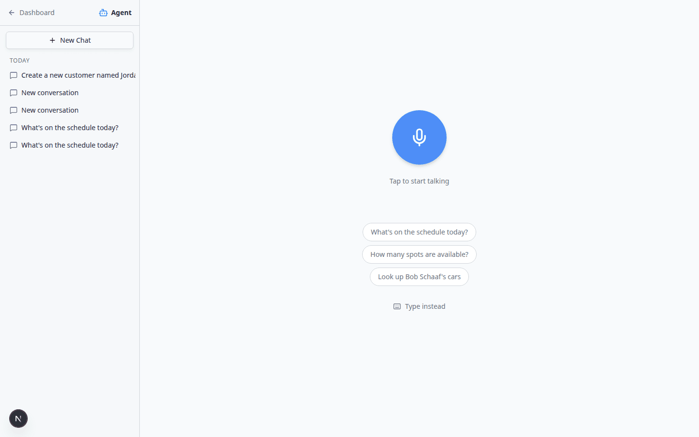 AI Assistant with the left sidebar showing New Chat and recent conversations grouped by day