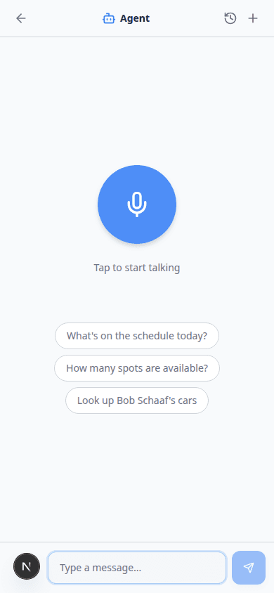 Mobile Agent header showing History clock icon and plus button for new chat