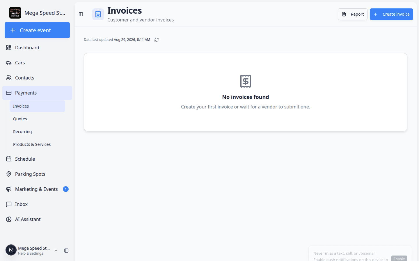 Payments Invoices page showing the invoice list with status filters