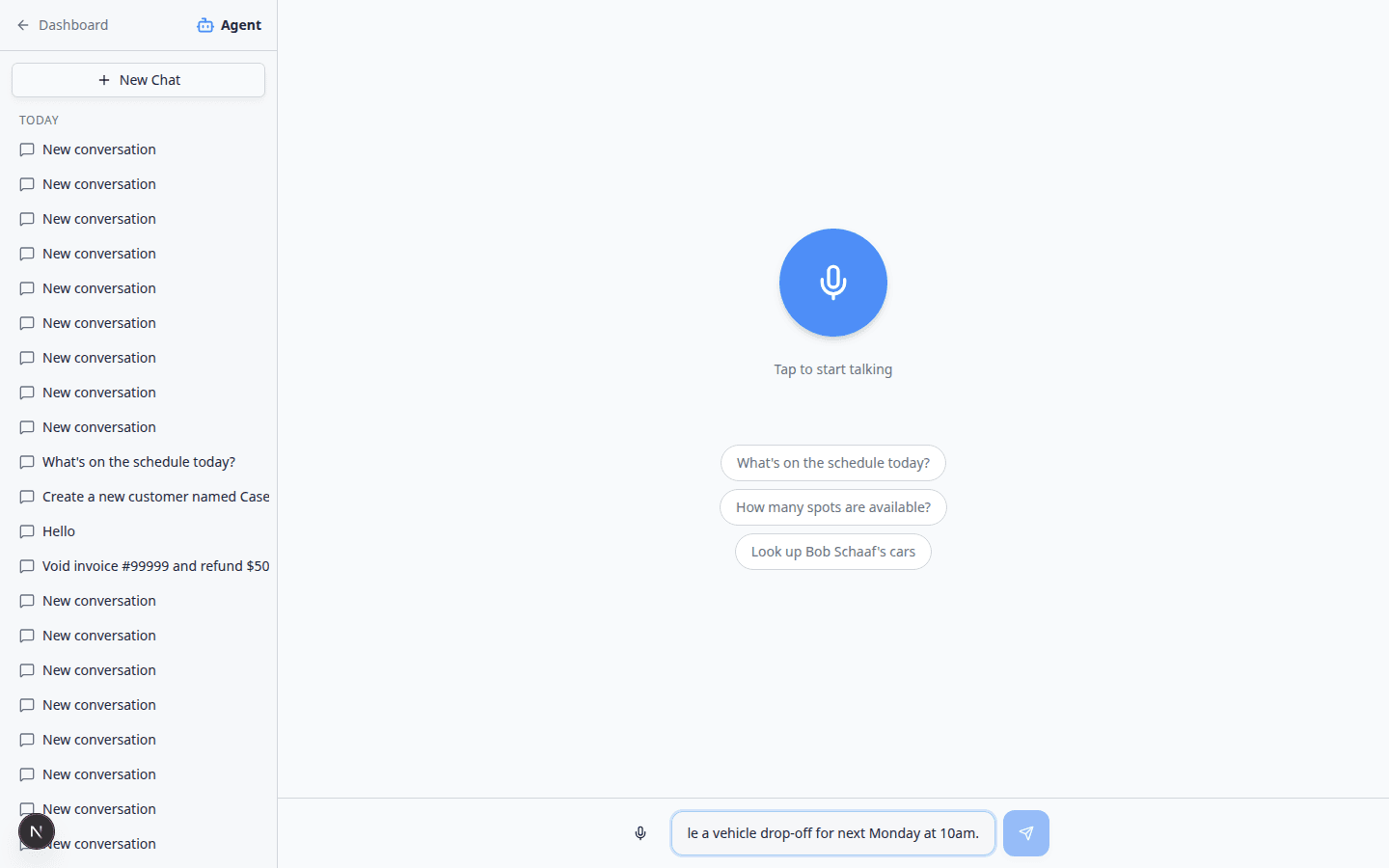 AI Assistant chat showing a long user message to create a customer, car, and drop-off appointment before the assistant responds