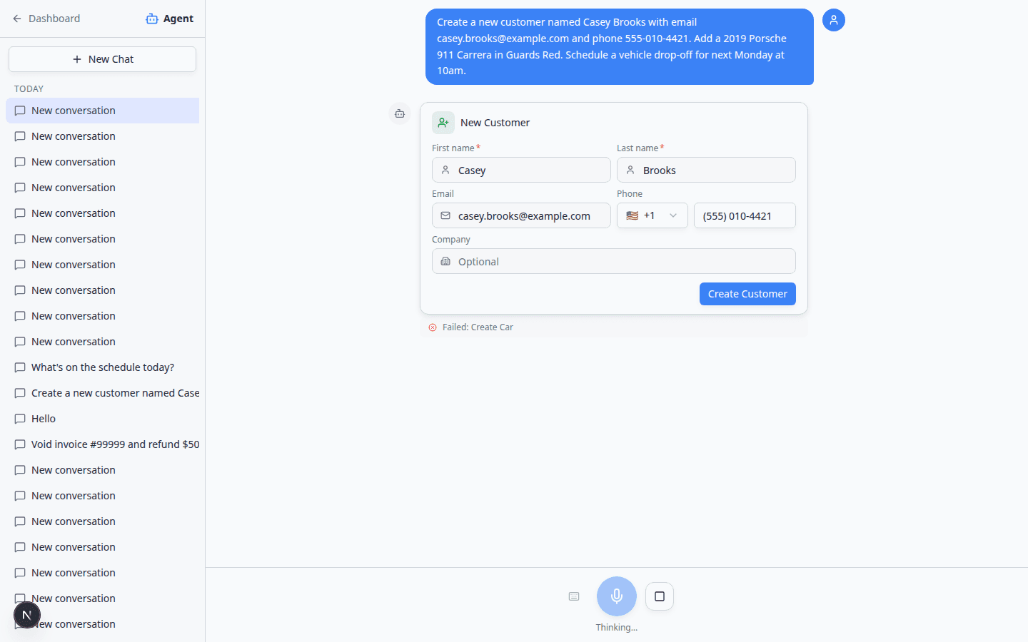 AI Assistant showing New Customer and New Car proposal cards with a Confirm All button
