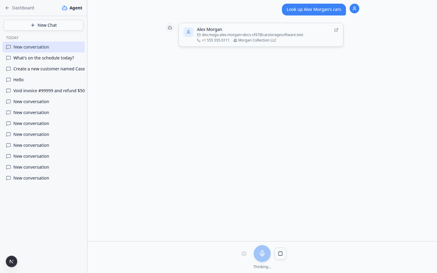 AI Assistant conversation showing vehicles linked to a customer lookup
