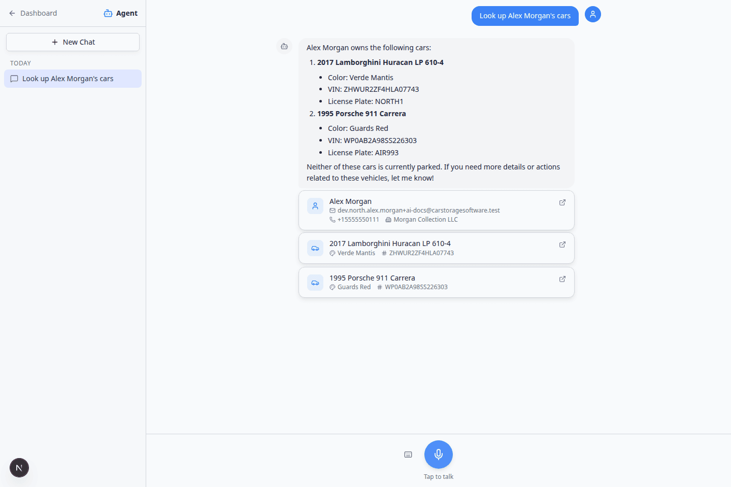 AI Assistant conversation showing a customer car lookup result