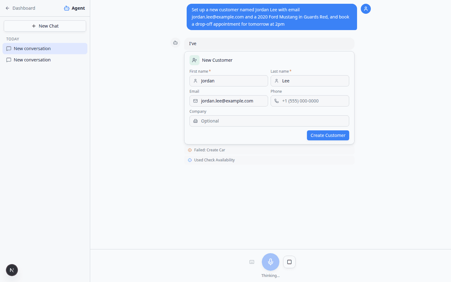 AI Assistant showing New Customer, New Car, and appointment proposal cards with a Confirm All button