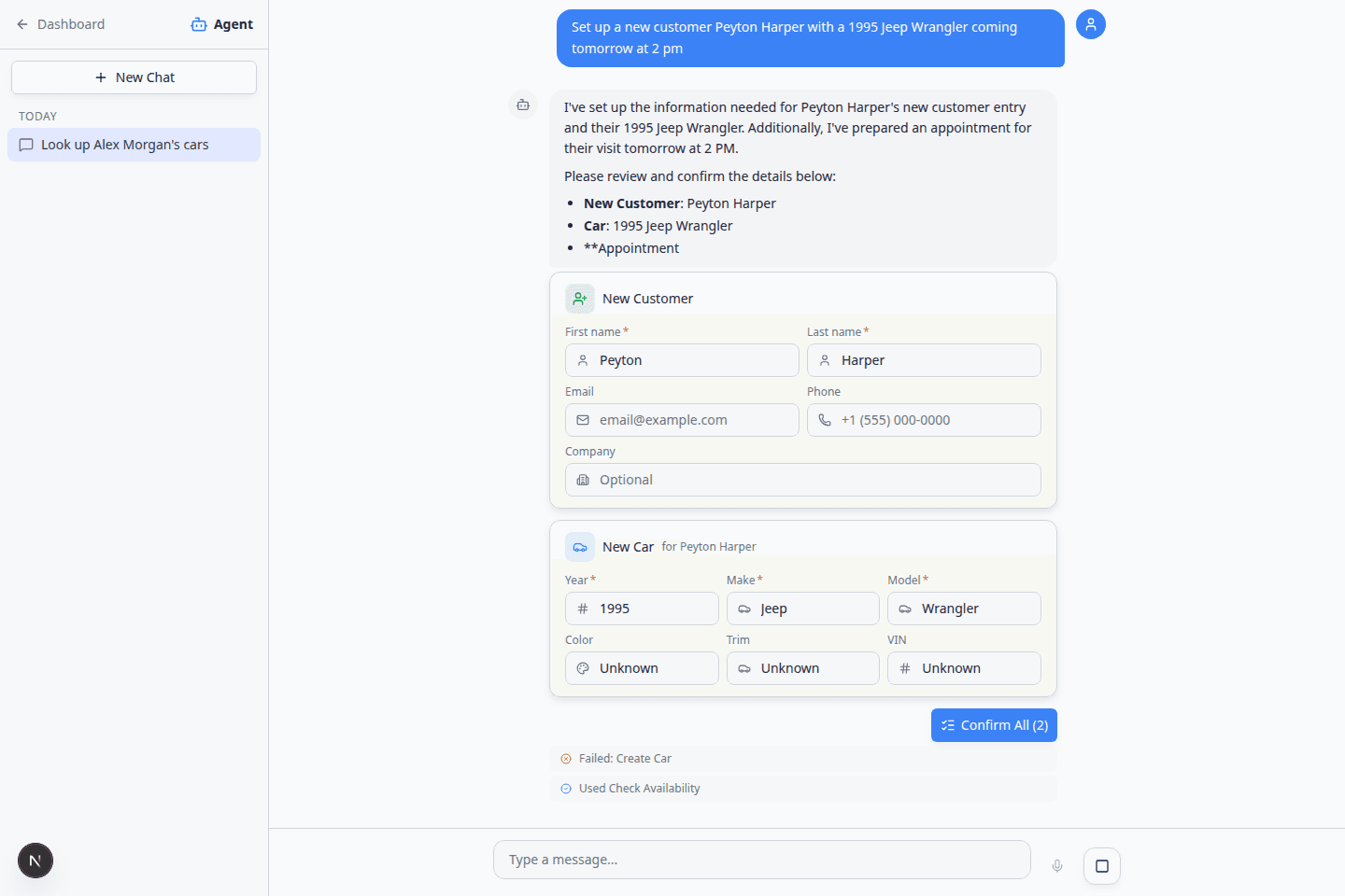 AI Assistant proposal cards with New Customer, New Car, appointment details, and Confirm All button