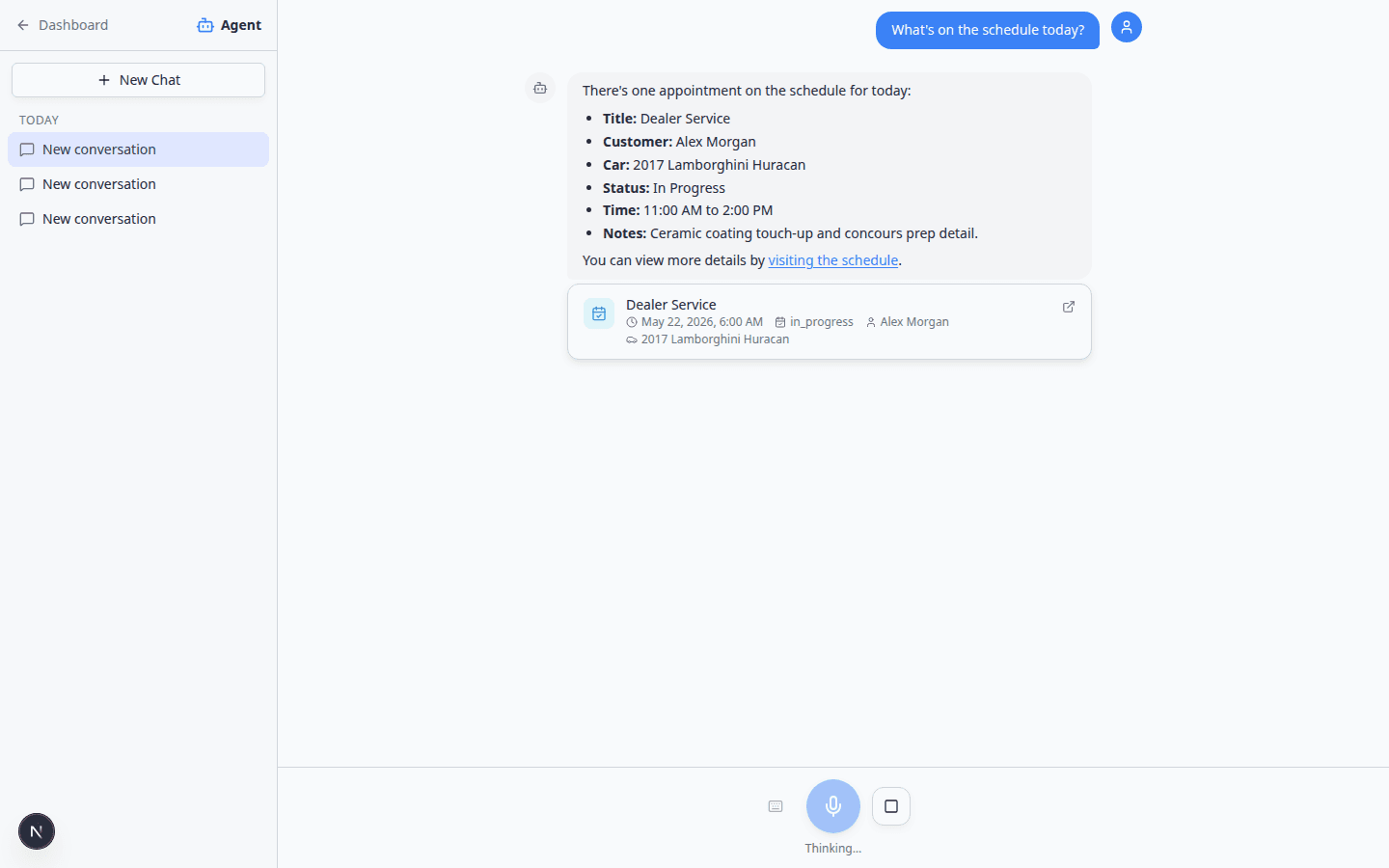AI Assistant showing a response about today's scheduled appointments and events