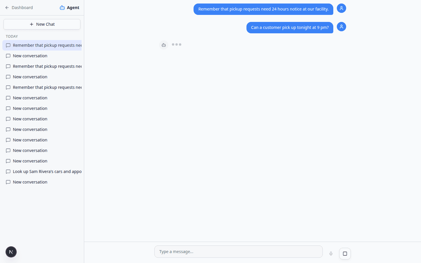 AI Assistant answering a pickup question using the saved 24-hour notice team memory rule