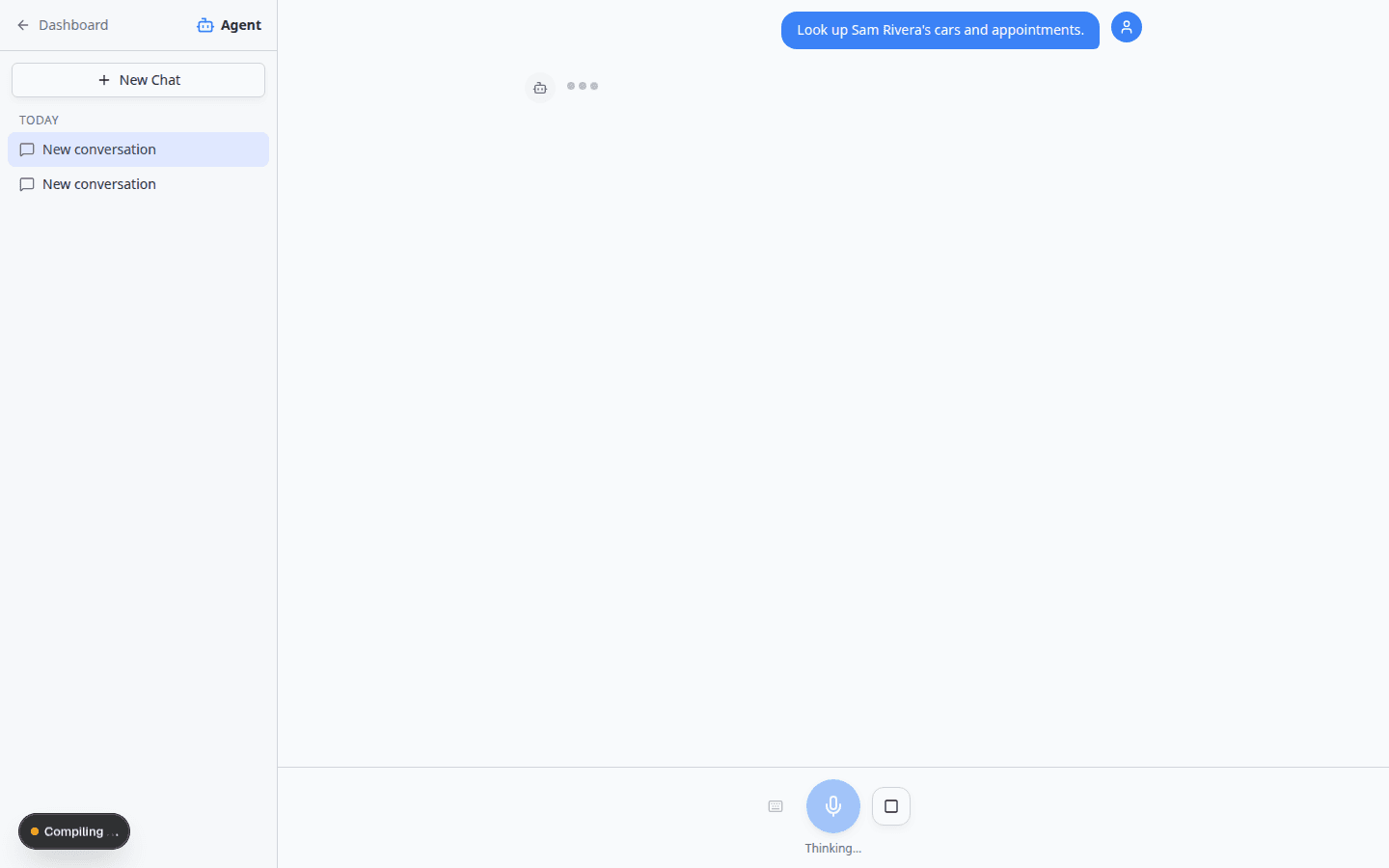 AI Assistant chat showing Thinking status with a stop button while searching records