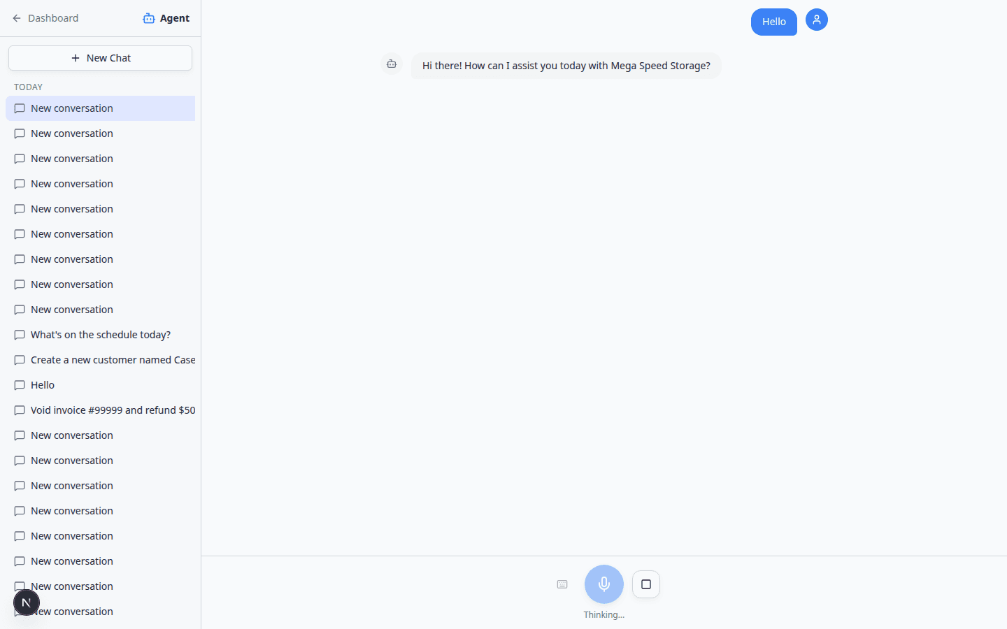 AI Assistant chat showing animated thinking dots with a stop button near the bottom input area
