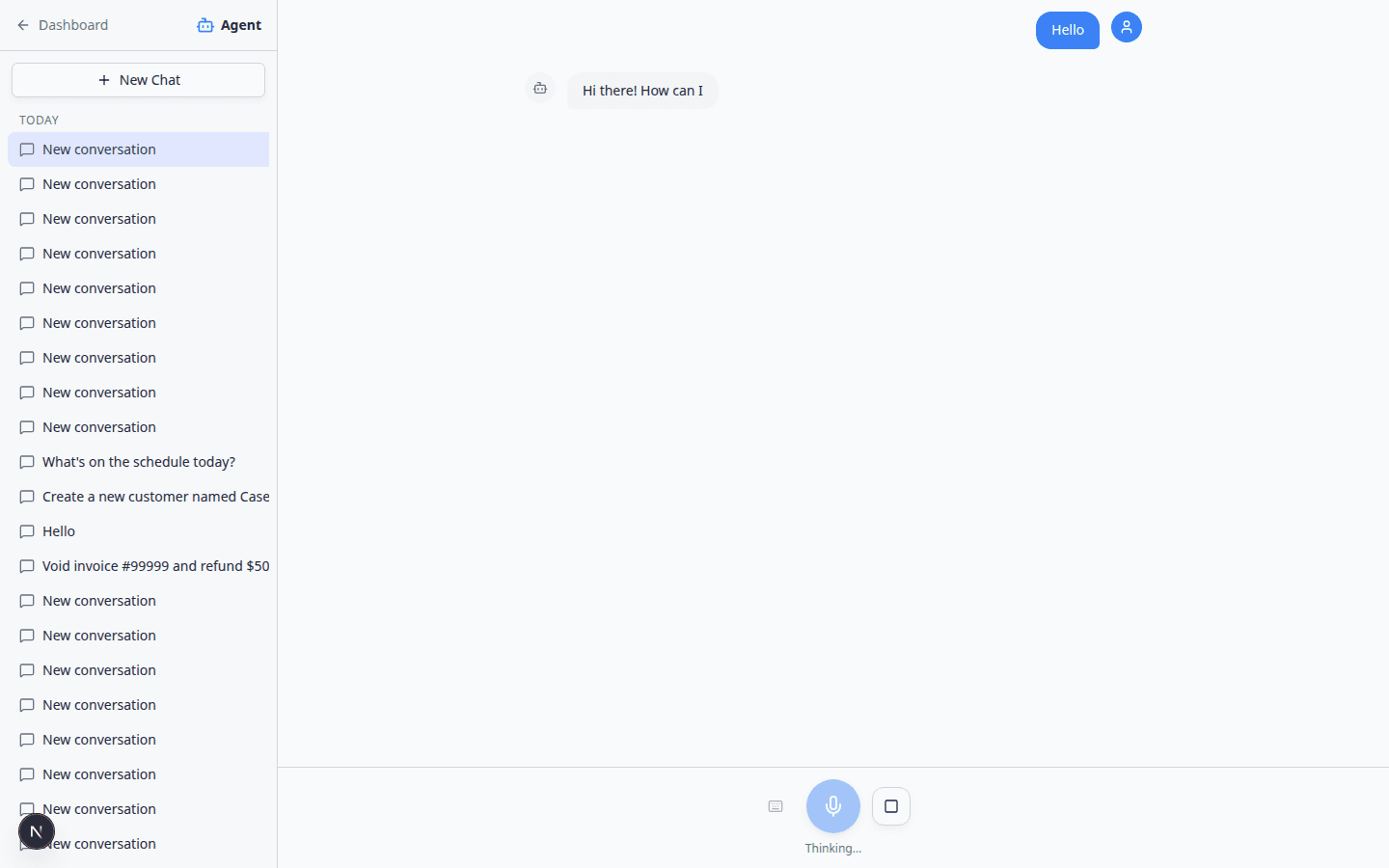 Active Agent chat with keyboard icon for Type instead and text input at the bottom