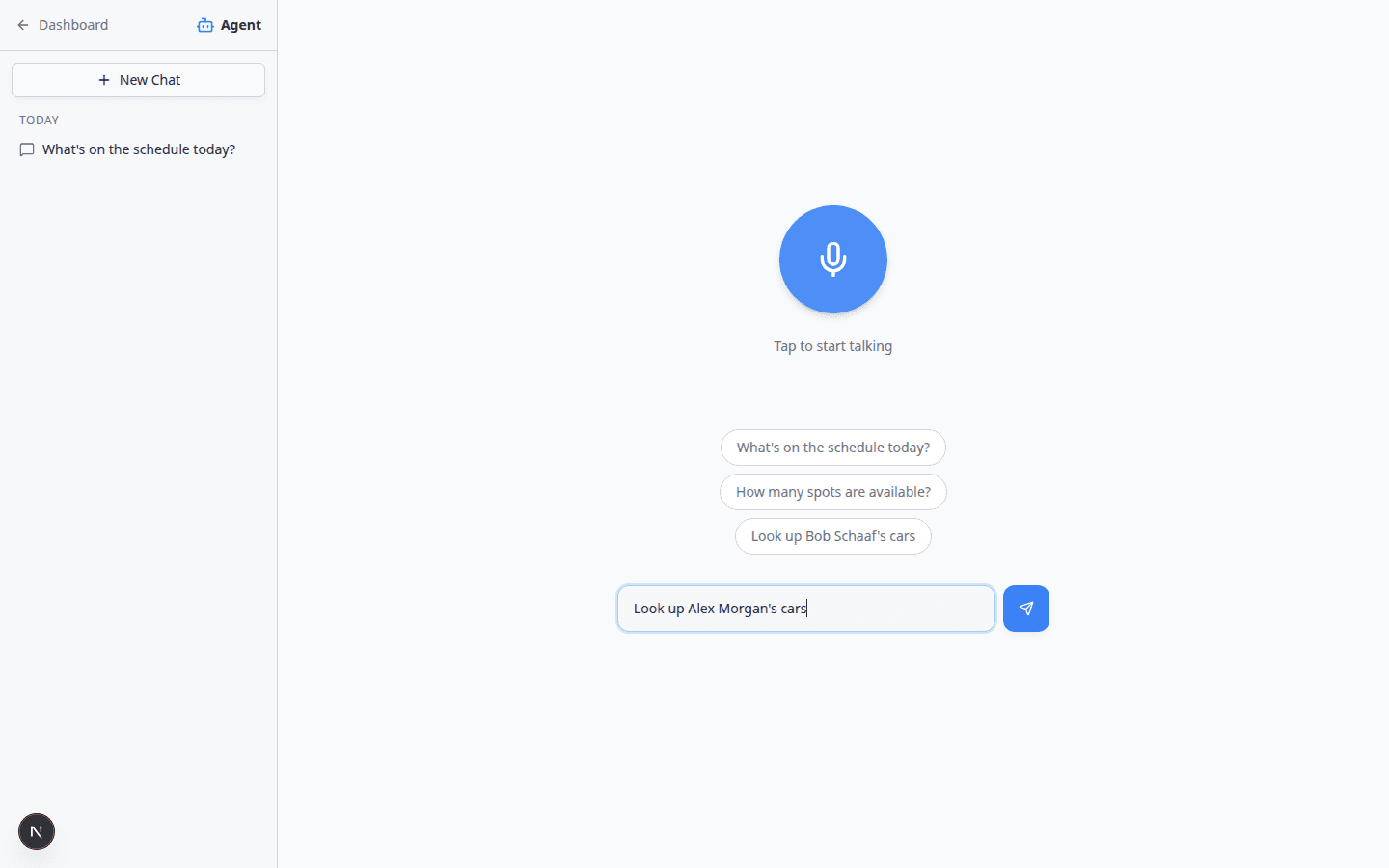 AI Assistant text field with a question about Alex Morgan's cars
