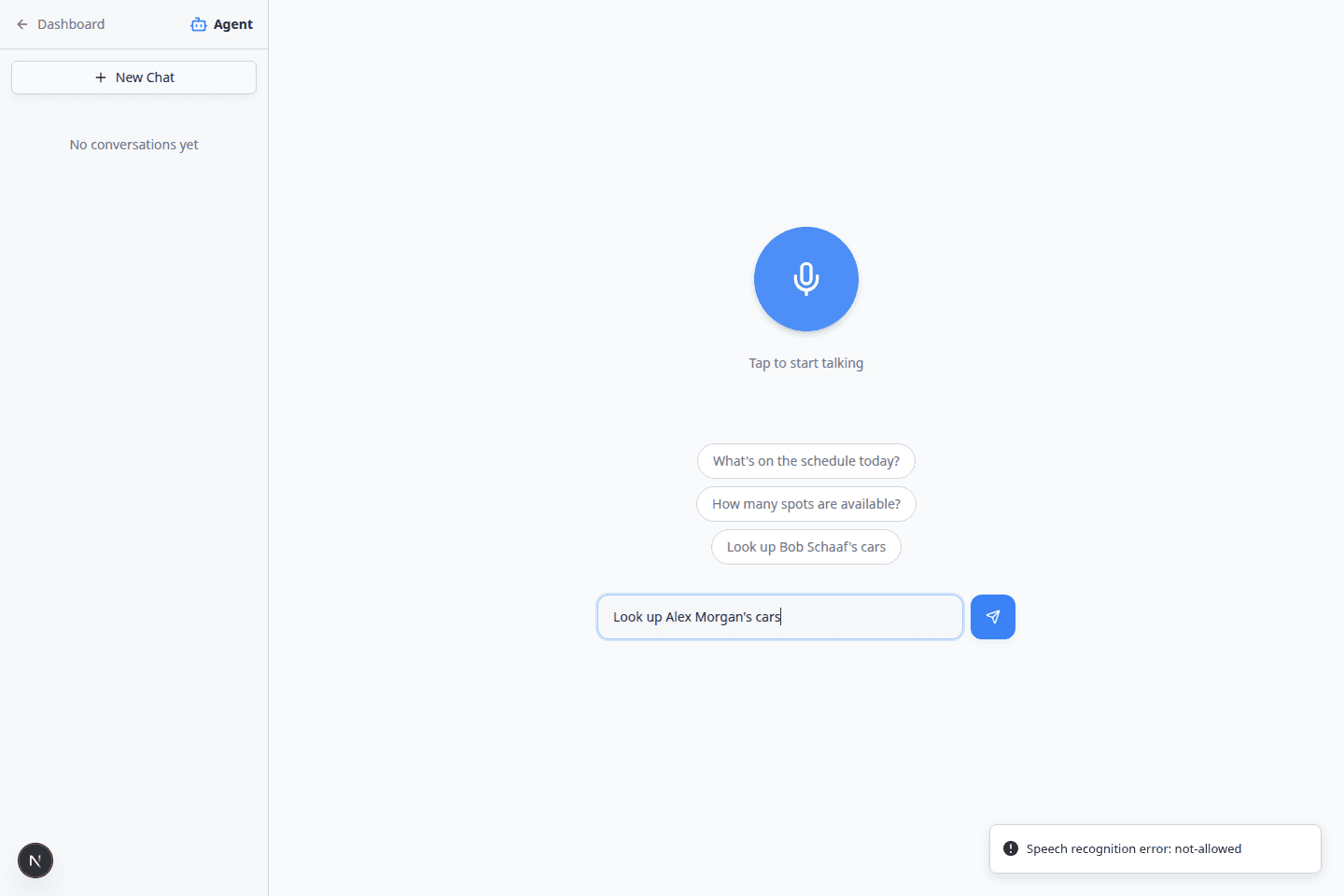 AI Assistant text input with a question typed about Alex Morgan's cars