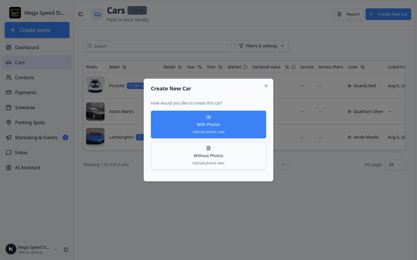 Create New Car dialog or first step of the car creation flow showing vehicle fields and customer connection