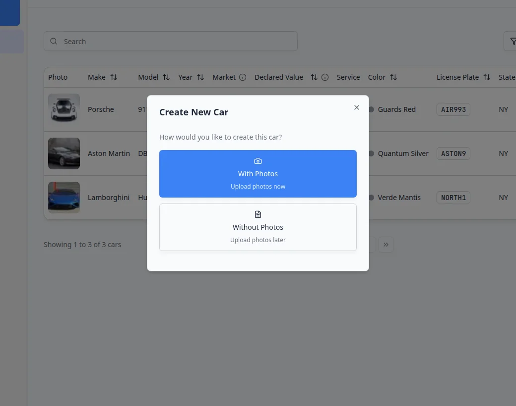 Create New Car dialog or first step of the car creation flow showing vehicle fields and customer connection
