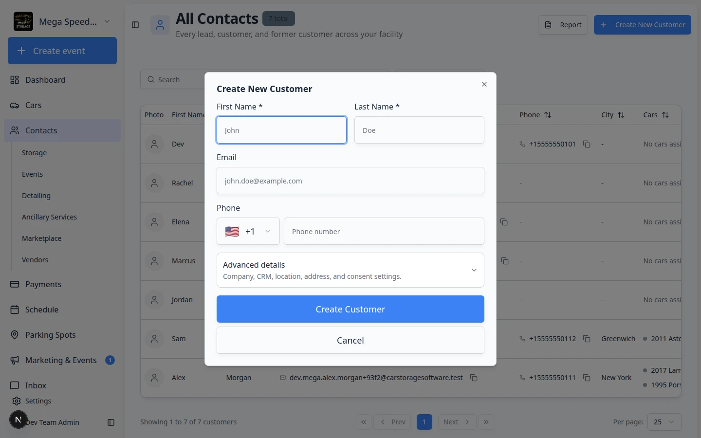 Create New Customer dialog showing fields for name, email, phone, company, and CRM details