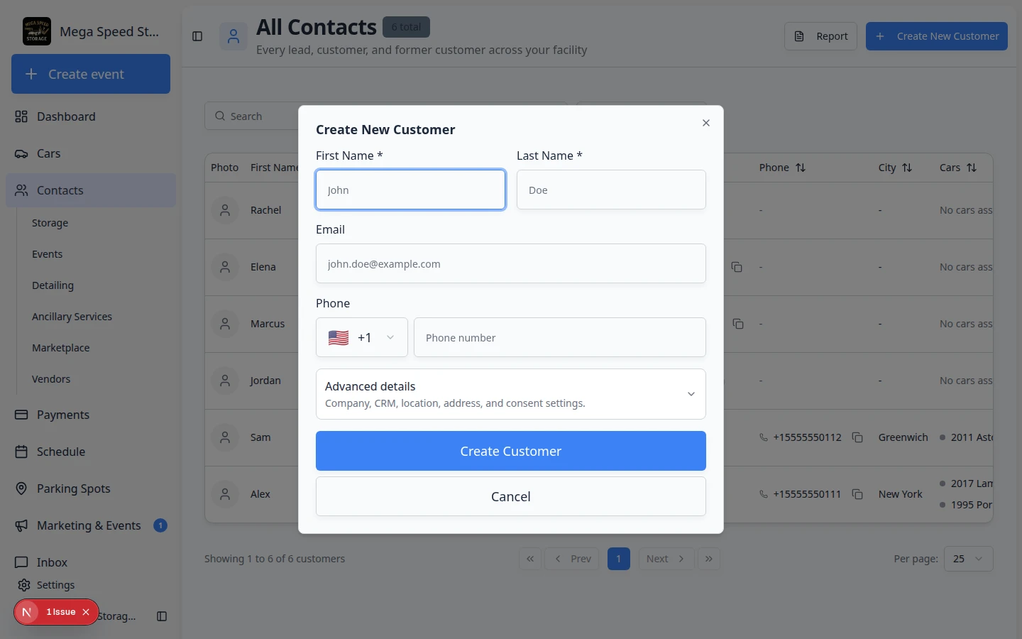 Create New Customer dialog showing fields for name, email, phone, company, and CRM details