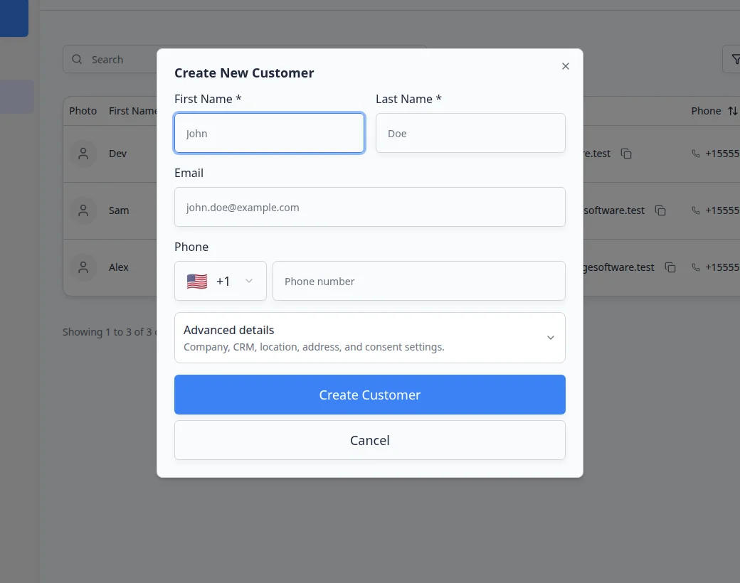 Create New Customer dialog showing fields for name, email, phone, company, and CRM details