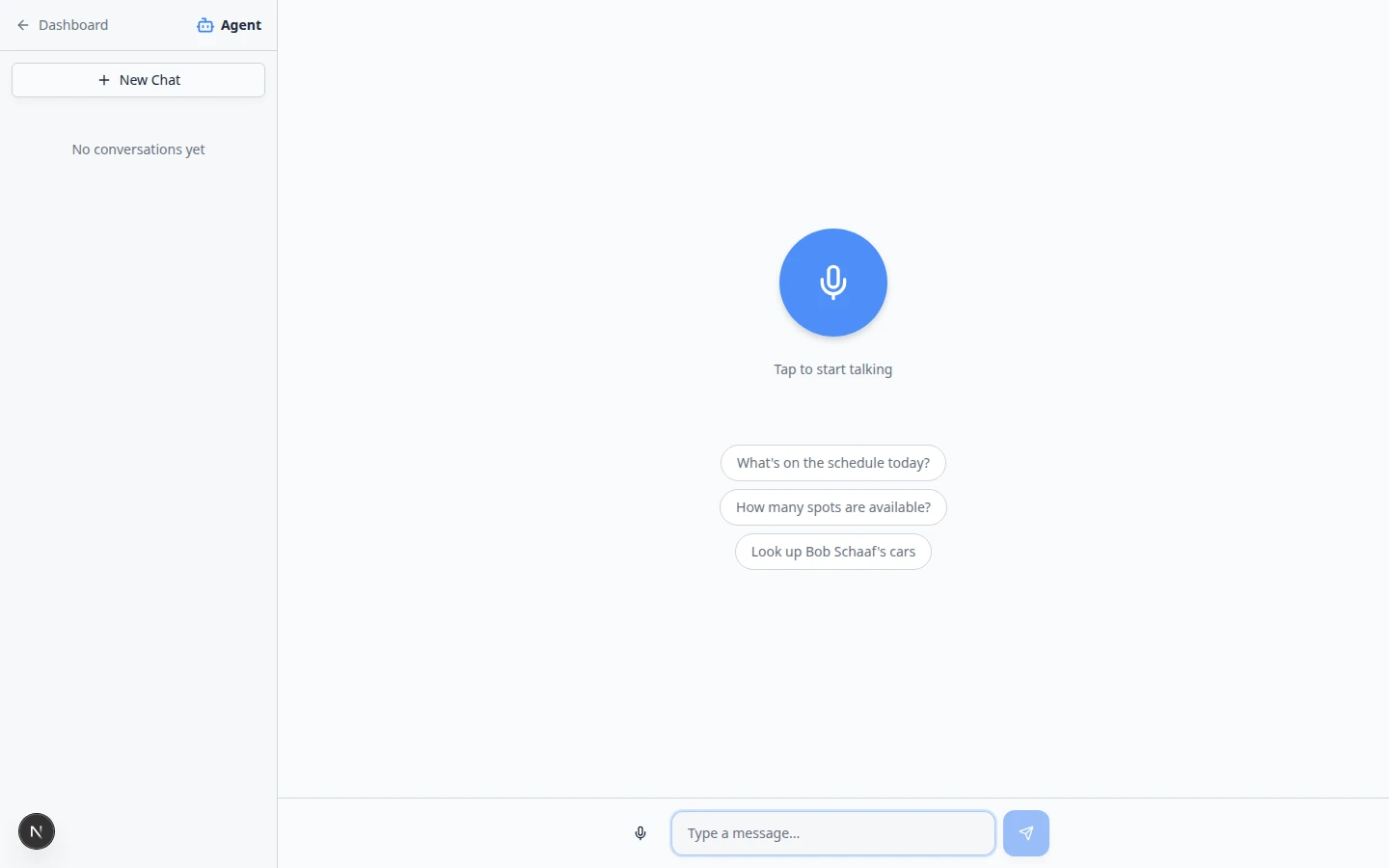 AI Assistant page showing voice orb and suggestion chips for schedule and parking questions