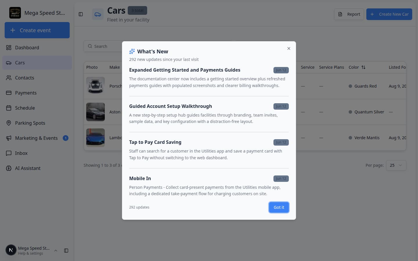 Cars page showing a table of vehicles with search, filters, and Create New Car button