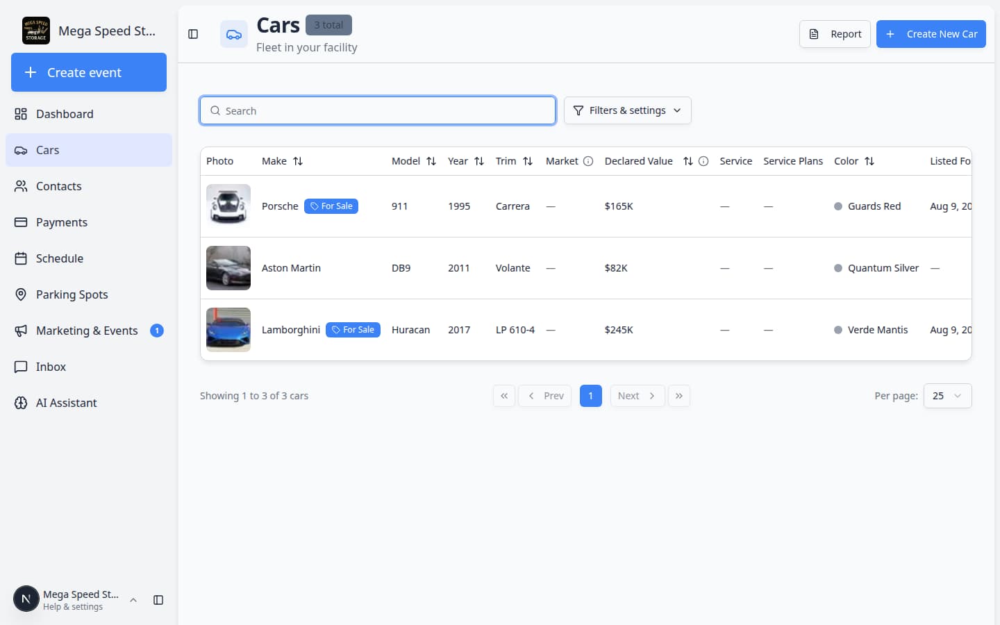 Cars page with Ferrari typed in the search box and matching vehicle rows filtered in the list