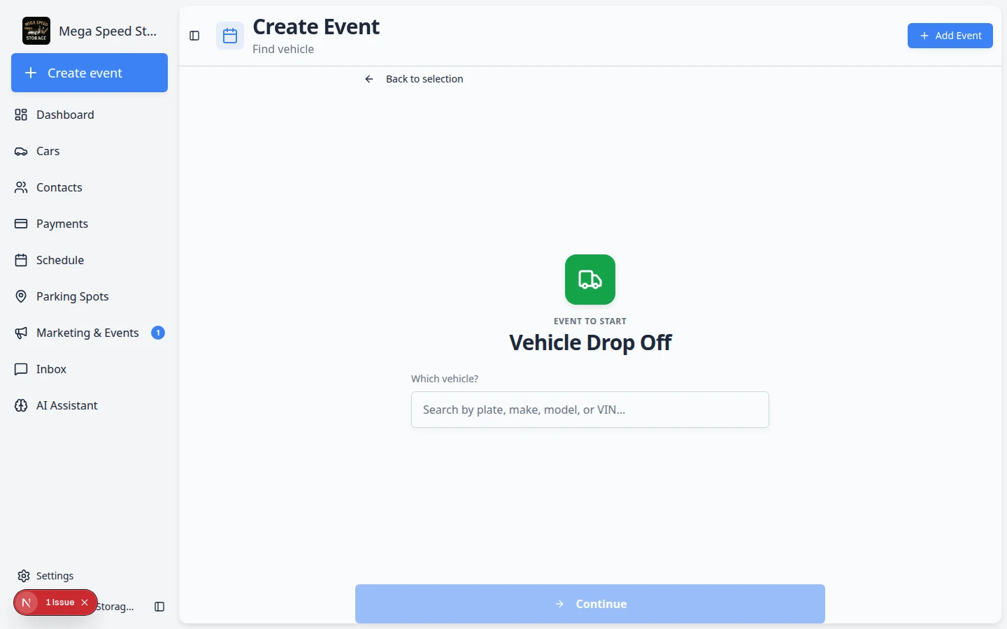 Create event page after selecting an event type, showing Event Type banner, Search Vehicle field, and Continue button