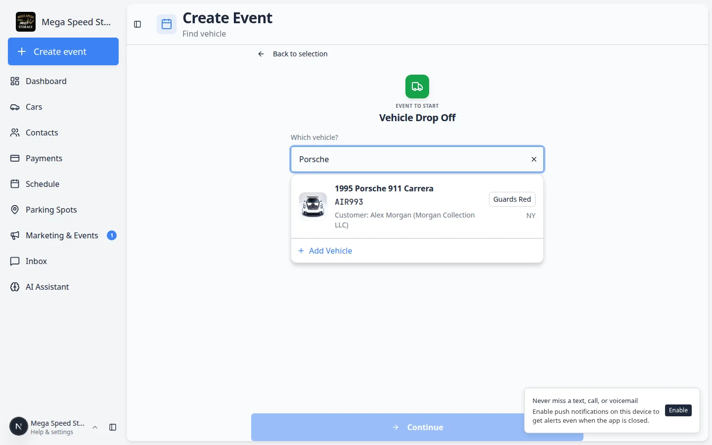 Create Event vehicle search on the dashboard