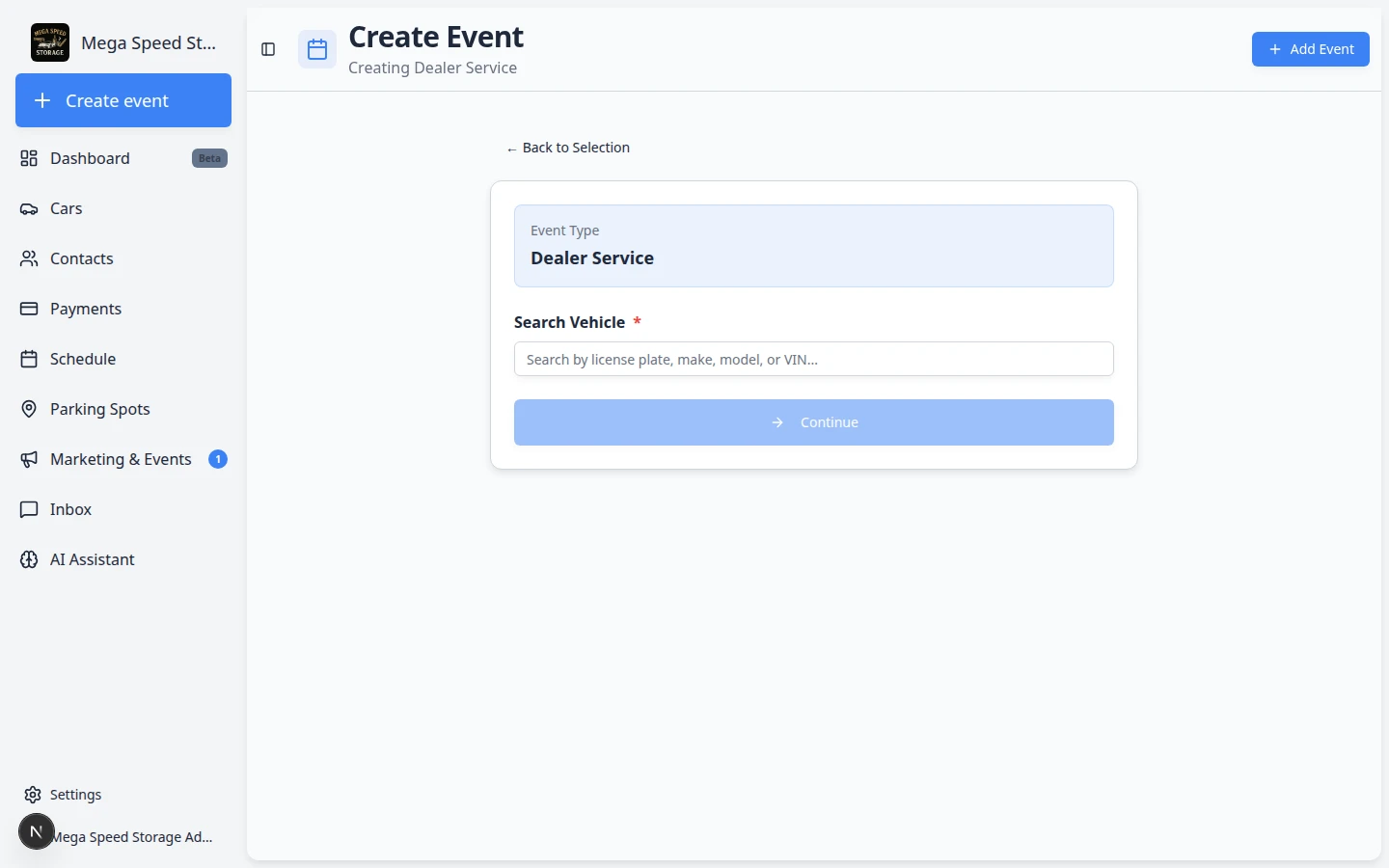 Create event page after selecting an event type, showing Event Type banner, Search Vehicle field, and Continue button