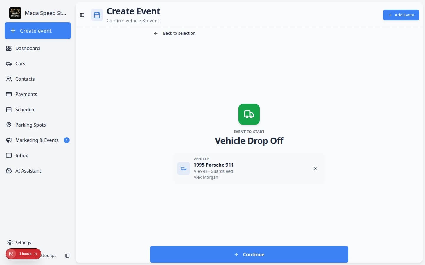 Create event page after selecting Vehicle Drop Off and choosing a 1995 Porsche 911, showing vehicle summary and an enabled Continue button