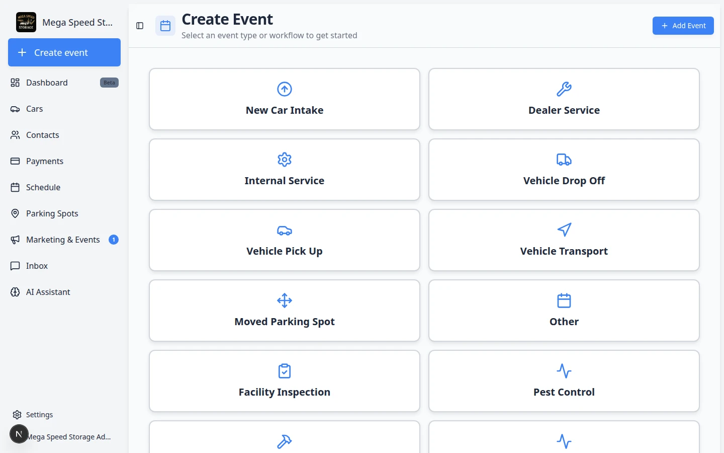 Create event page showing a grid of large event type cards such as Vehicle Drop Off, Dealer Service, and Vehicle Pick Up