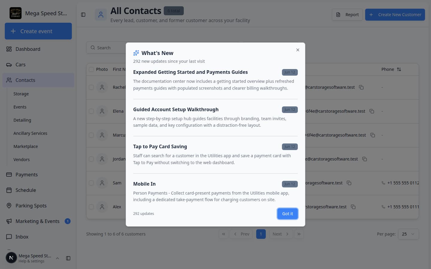 Contacts page showing customer rows with name, email, phone, and CRM information
