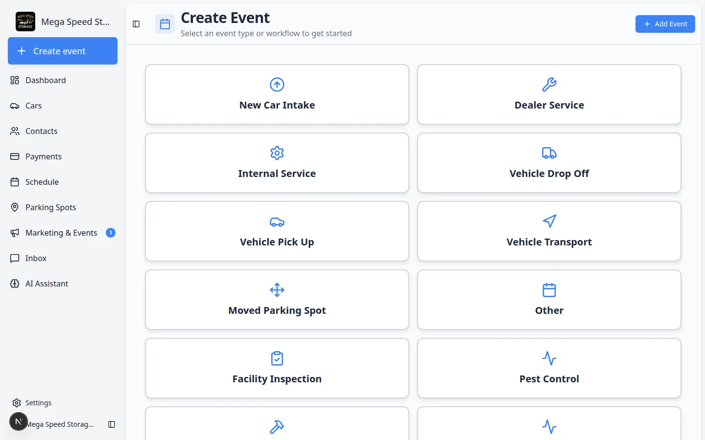 Create event home page showing workflow cards and sidebar navigation