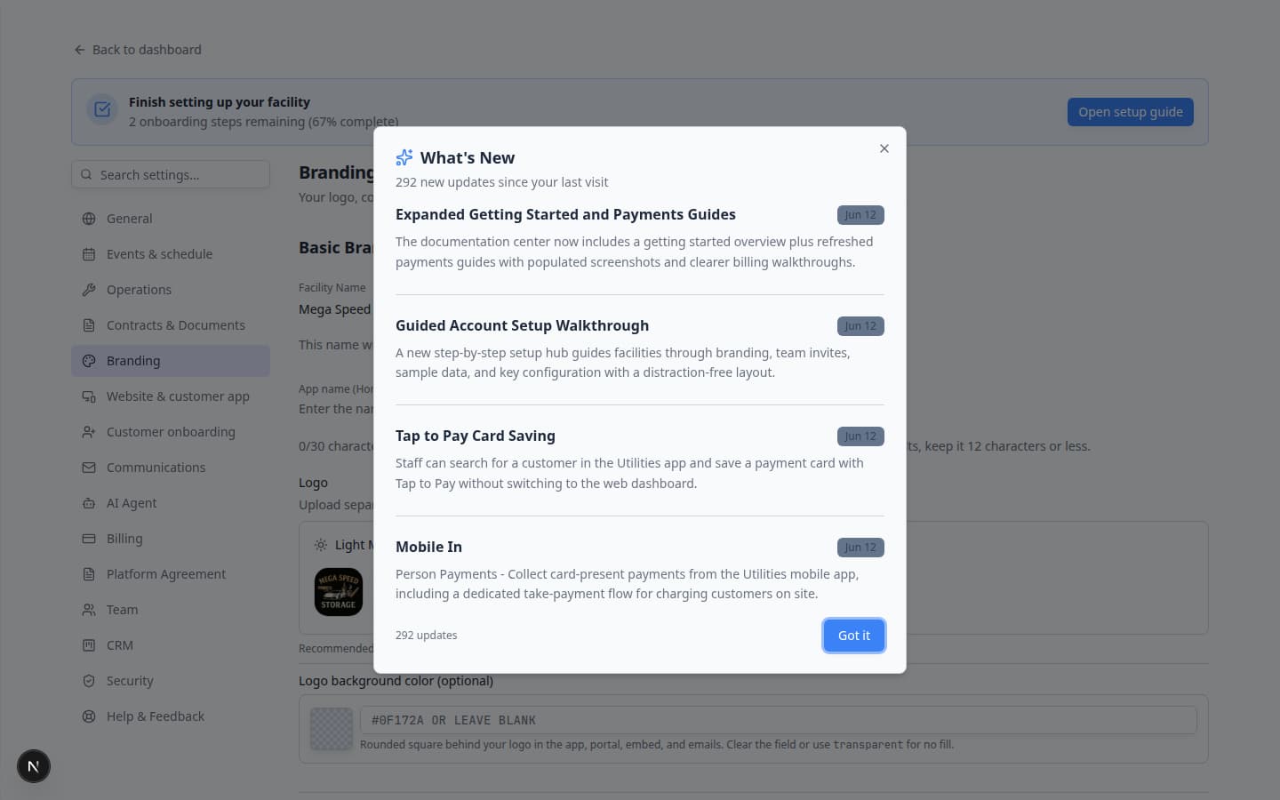 Settings Branding page showing Basic Branding with facility name, app name, and logo upload areas