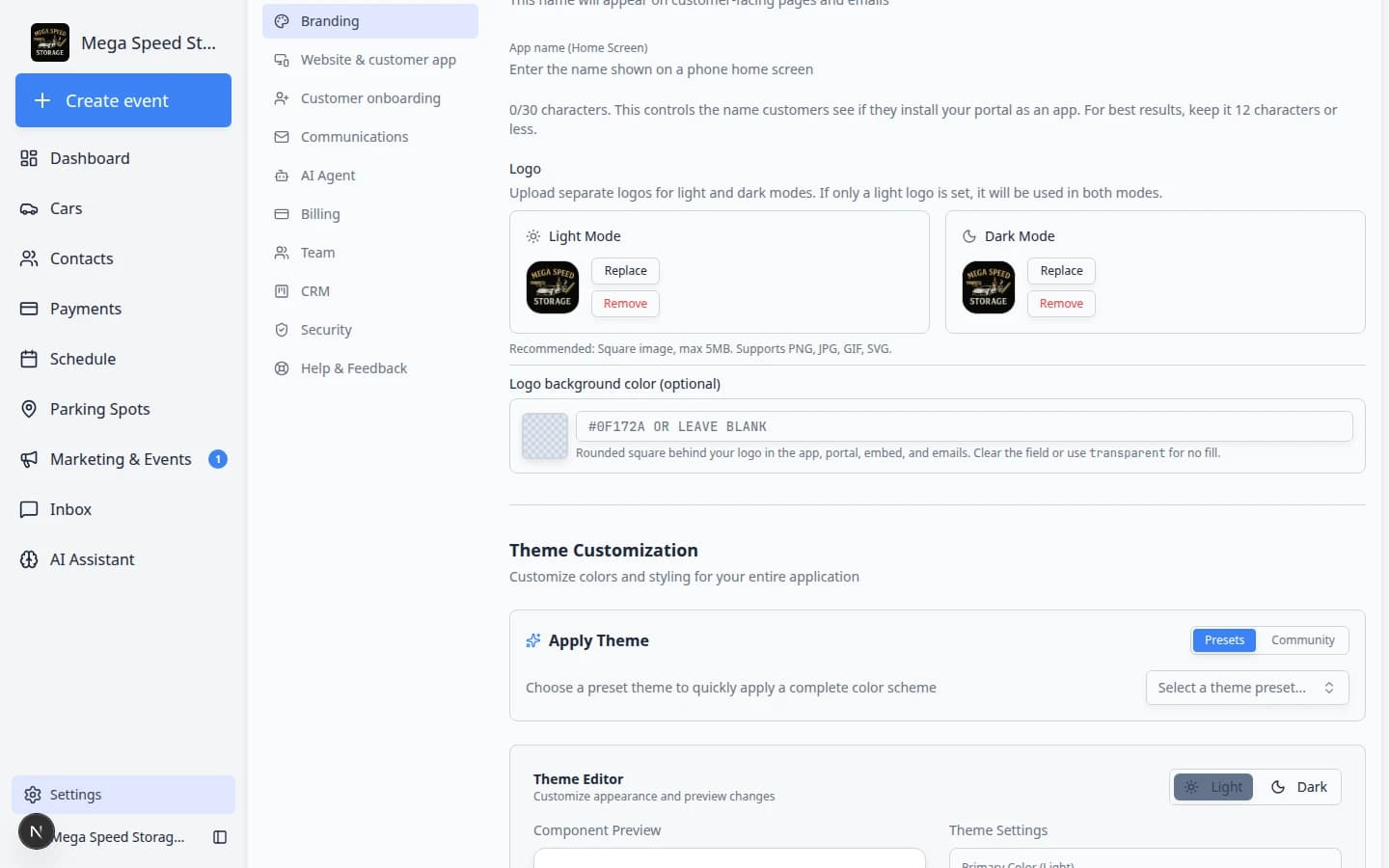 Branding settings page scrolled to theme color pickers and preview areas
