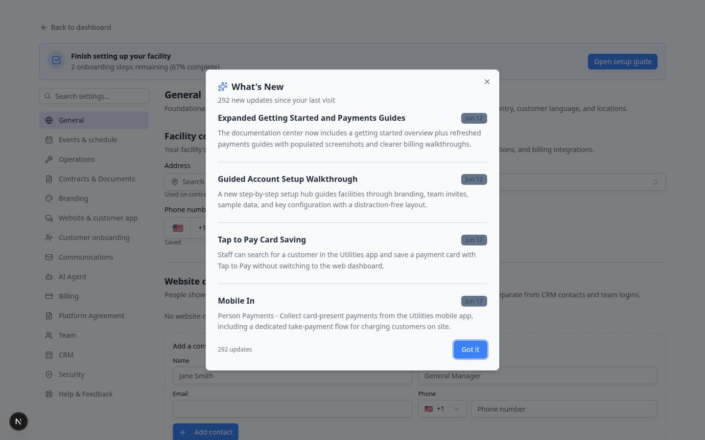 Settings General page showing Timezone and Regional Settings, Date and Time Format, and country options