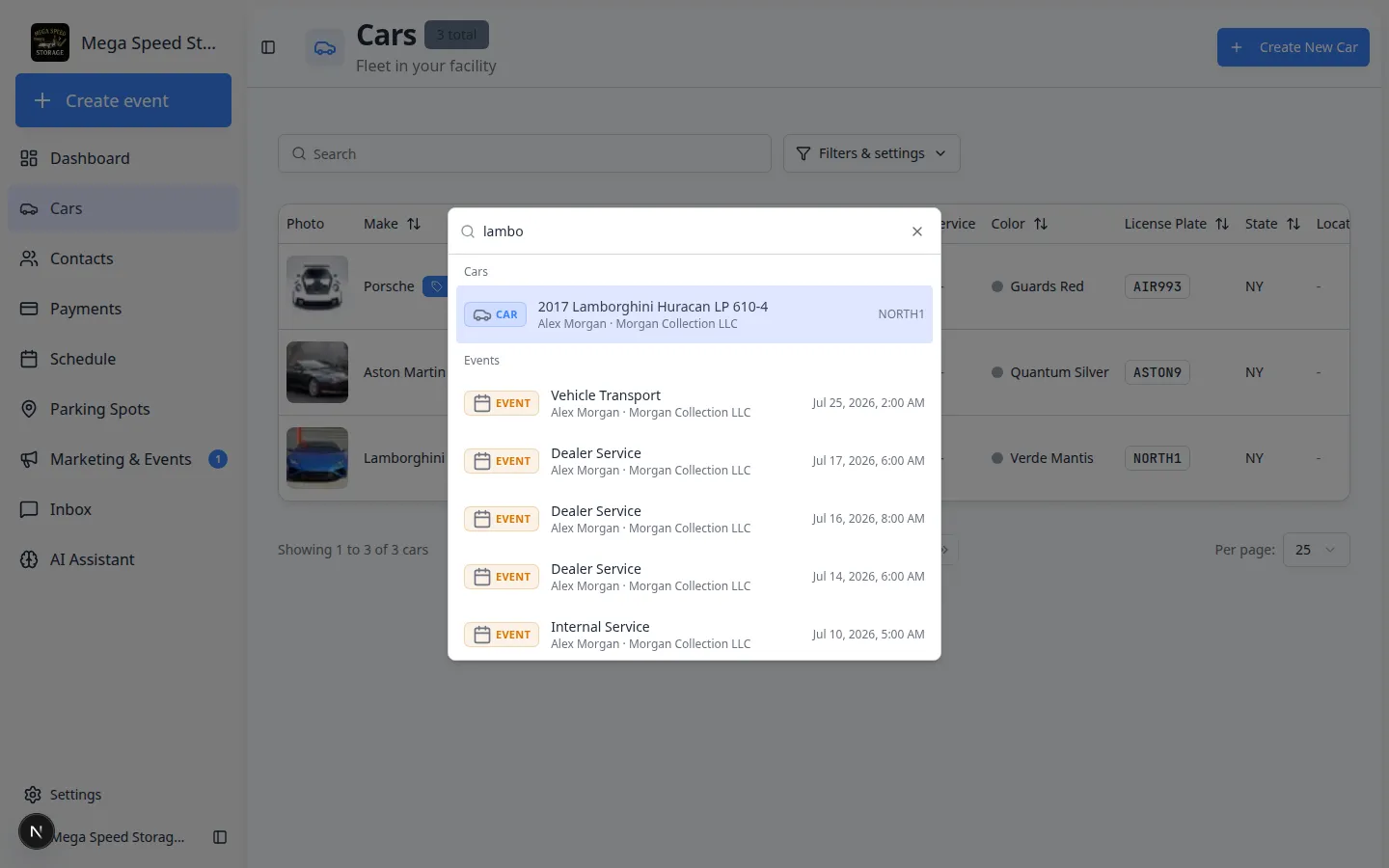 Facility search dialog showing grouped results for Cars and Customers after typing lambo