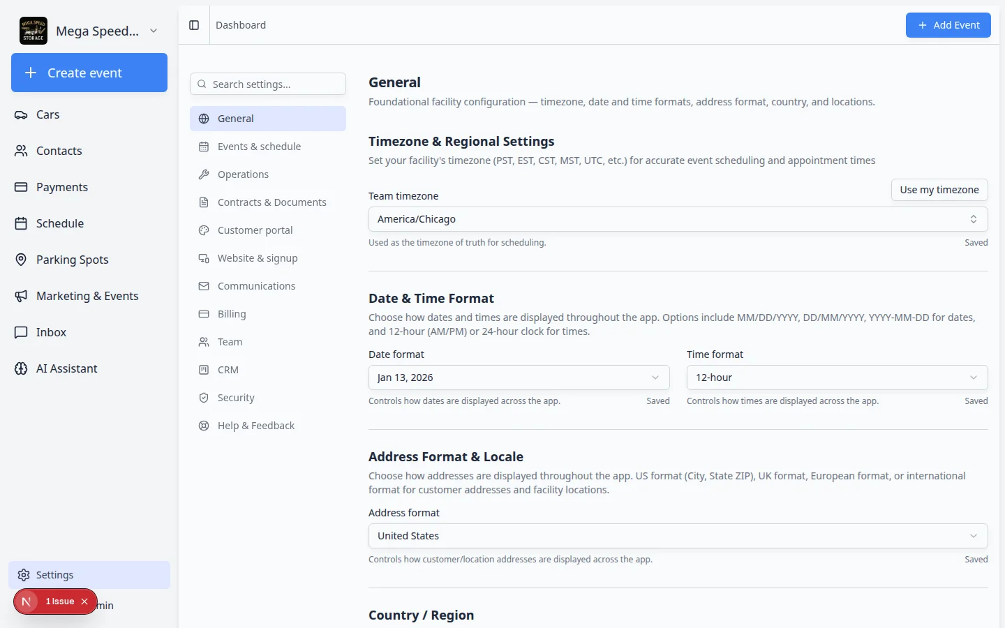 Settings General page showing facility name, contact fields, address, logo upload, and branding options