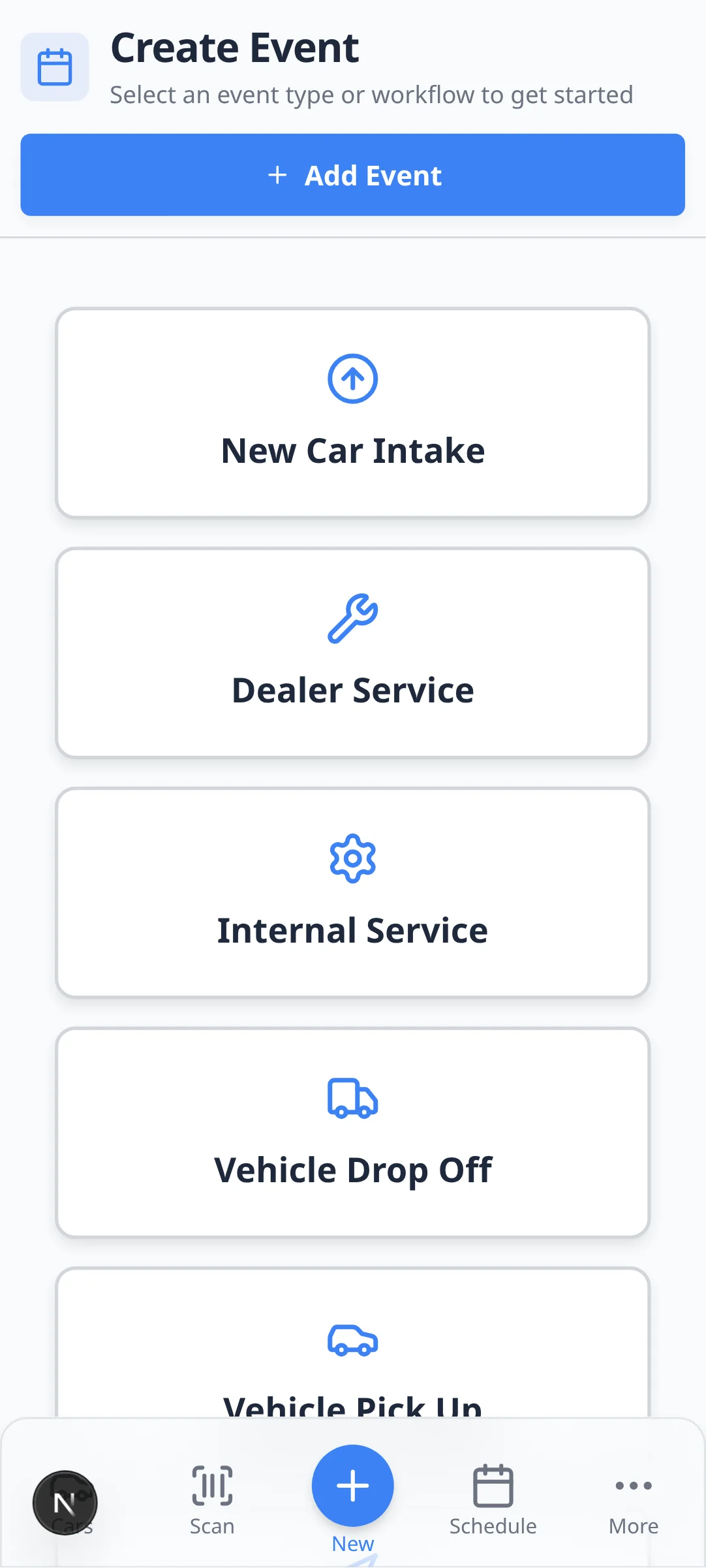 Dashboard create-event view on an Android phone