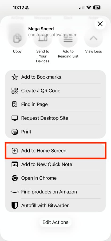 iOS share sheet in Chrome with Add to Home Screen highlighted in the action list