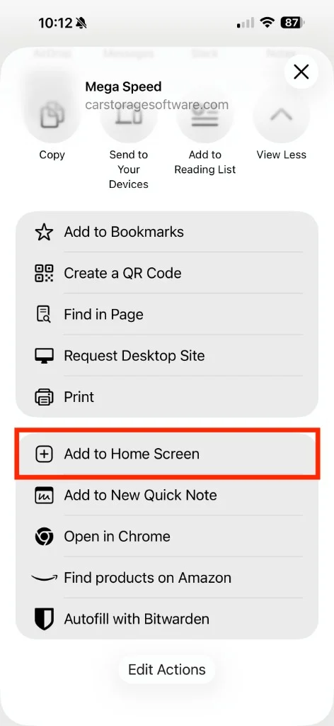 iOS share sheet in Chrome with Add to Home Screen highlighted in the action list