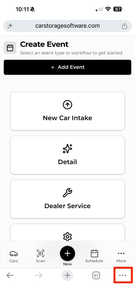 Chrome on iPhone showing the Create Event page with the browser toolbar visible