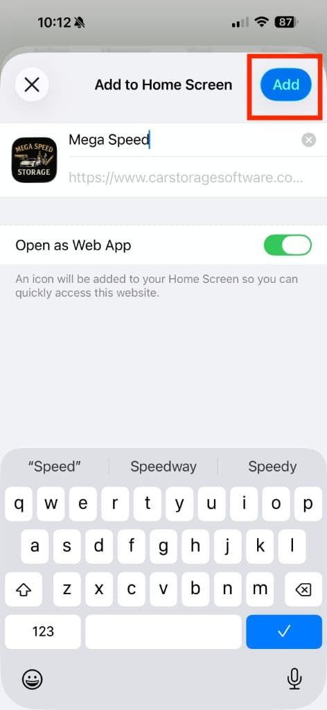 iPhone Add to Home Screen confirmation showing the app icon, editable name, Open as Web App toggle, and Add button in the top-right