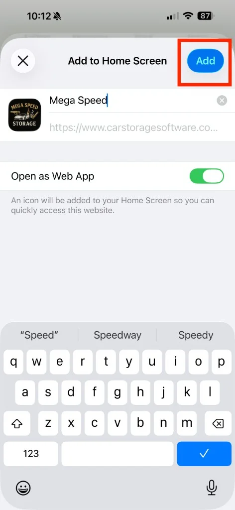 iPhone Add to Home Screen confirmation showing the app icon, editable name, Open as Web App toggle, and Add button in the top-right
