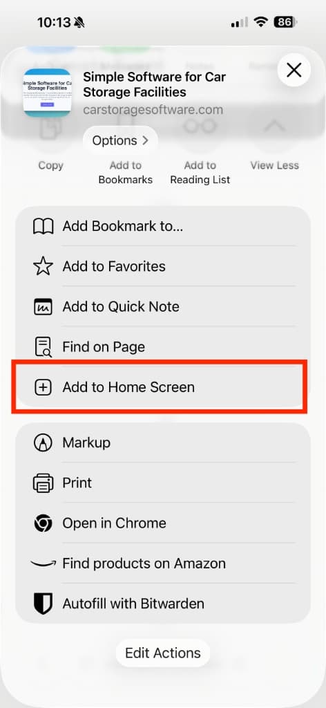 iOS share sheet on iPhone with Add to Home Screen highlighted in the action list