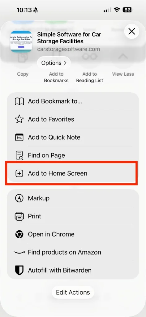 iOS share sheet on iPhone with Add to Home Screen highlighted in the action list