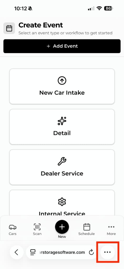 Safari on iPhone showing the Create Event page with the three-dot menu button highlighted in the bottom-right corner of the browser bar