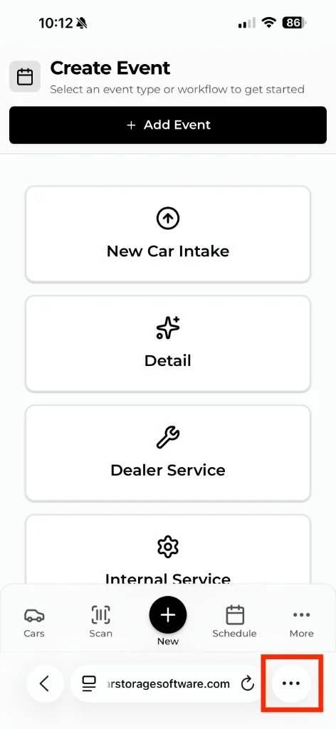 Safari on iPhone showing the Create Event page with the three-dot menu button highlighted in the bottom-right corner of the browser bar