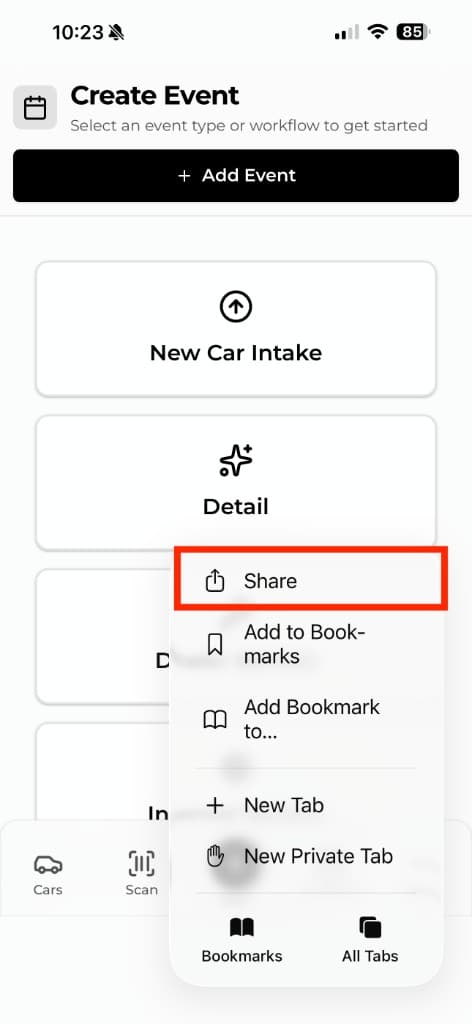 Safari browser menu on iPhone with the Share option highlighted at the top of the list